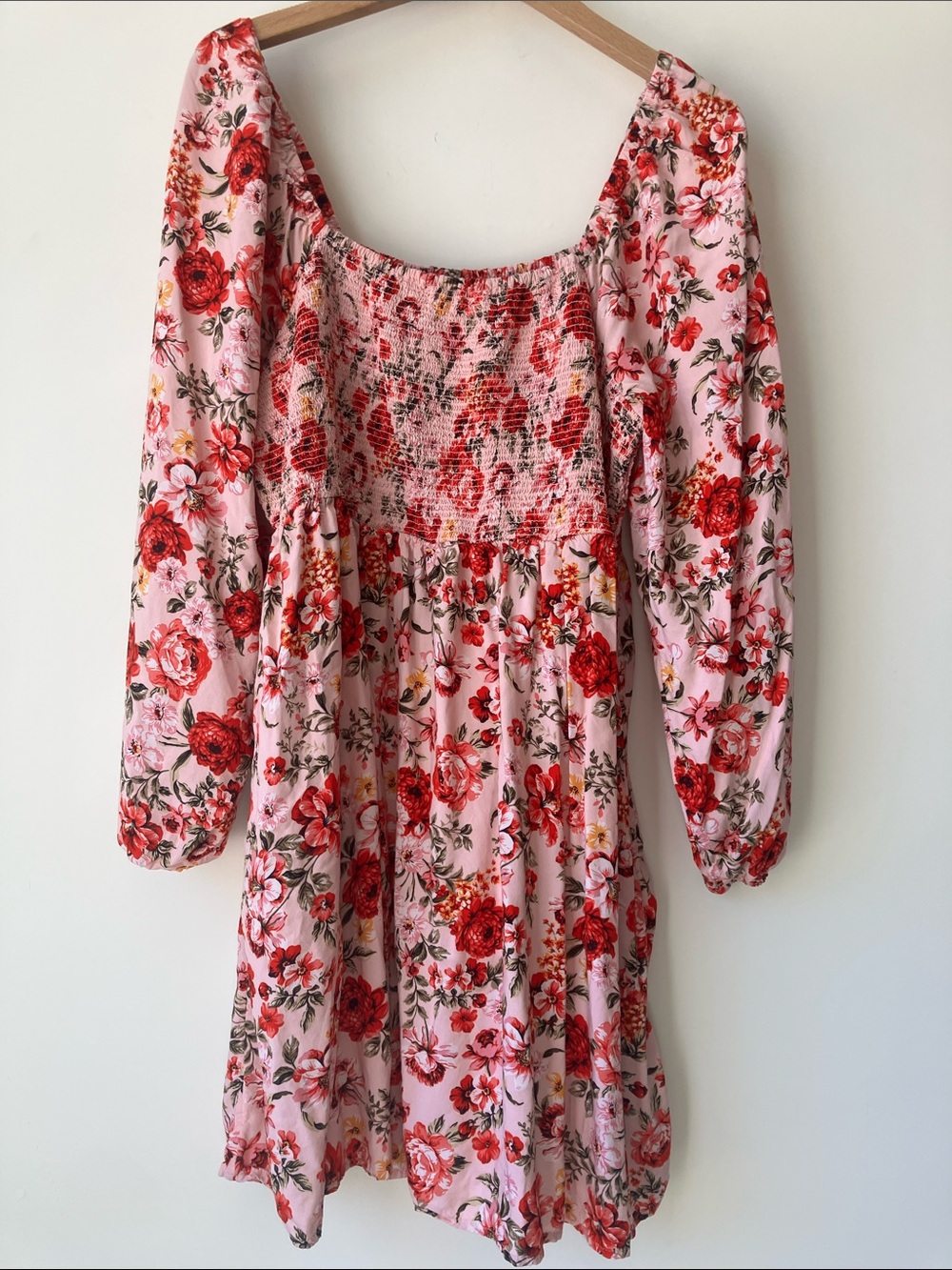 OLD NAVY Pink Fit & Flare Floral Smocked Mini Dress w/ Red Roses Viscose Size XL
